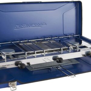 Campingaz Chef Folding Double Burner Stove and Grill, compact gas cooker for camping or festivals, Blue