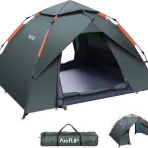 Amflip Camping Tent Automatic 3 Man Person Instant Tent Pop Up Ultralight Dome Tent 4 Seasons Waterproof & Windproof Camping Tent with Removable Outer Tarpaulin, Double Layers