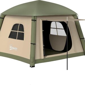 Outsunny Inflatable Camping Tent w/Hand Pump, Easy Setup 1/2 Person Blow Up Tent Waterproof 190T Taffeta w/Mesh Windows, Doors and Carry Bag