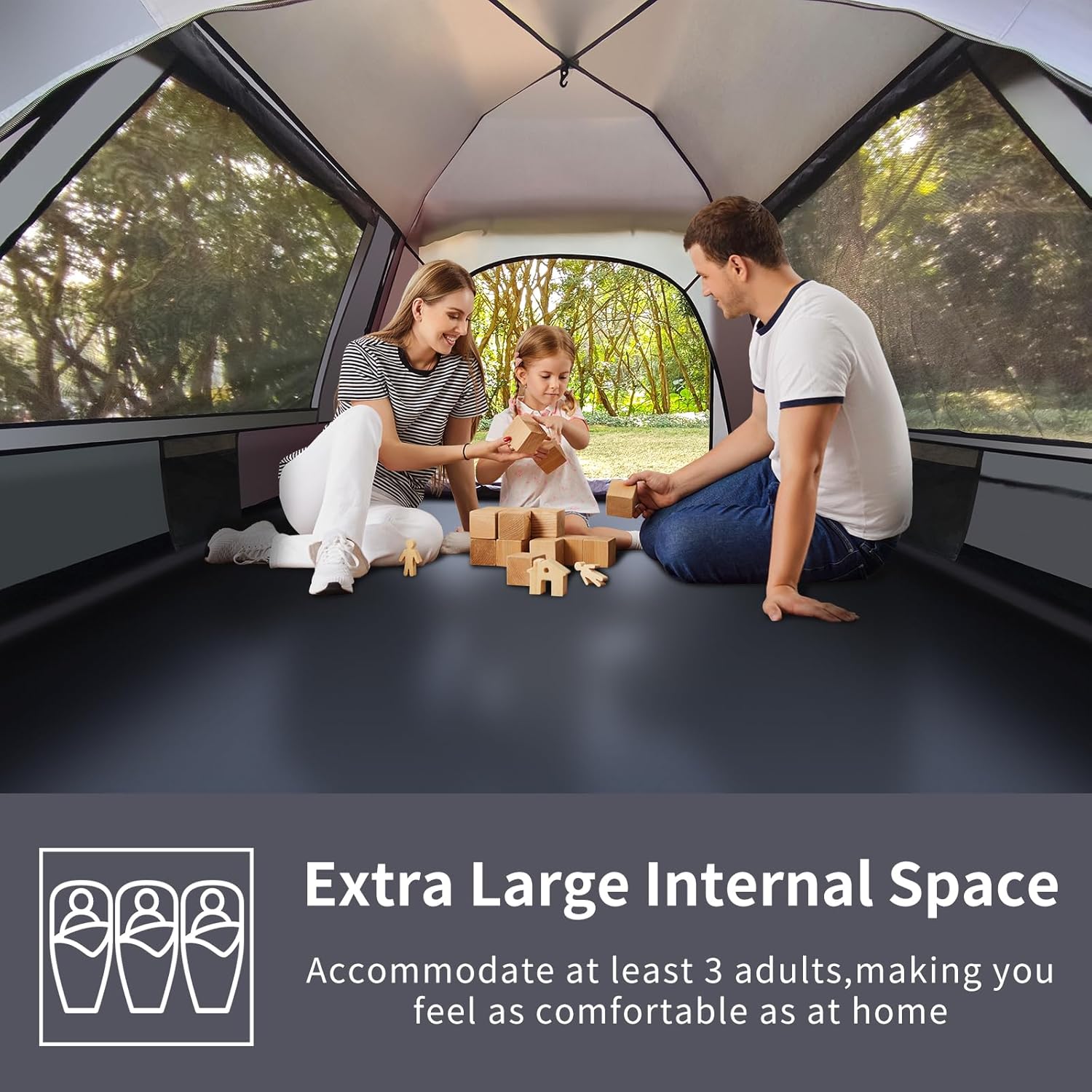 Yafaca Camping Tent, 3 Man Pop Up Tent Extra Large Waterproof Automatic Dome Tent with 2 Rainproof Windows, 2 Layers Family Festival Tent with Removable Outer Layer, Tent for Camping Picnic Garden - Image 4