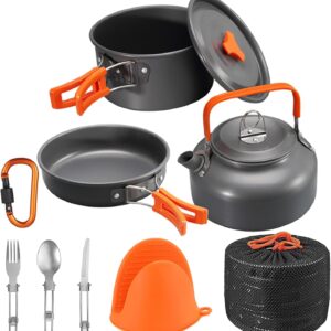 Camping Cooking Set WODSTA camping equipment for 1-3 People Aluminium Camping Cookware 9 PCS Camping Accessories Cooking Include 1.5L Pot, 0.8L Kettle and Pan etc |Easy to Clean| |Easy to Pack Away|