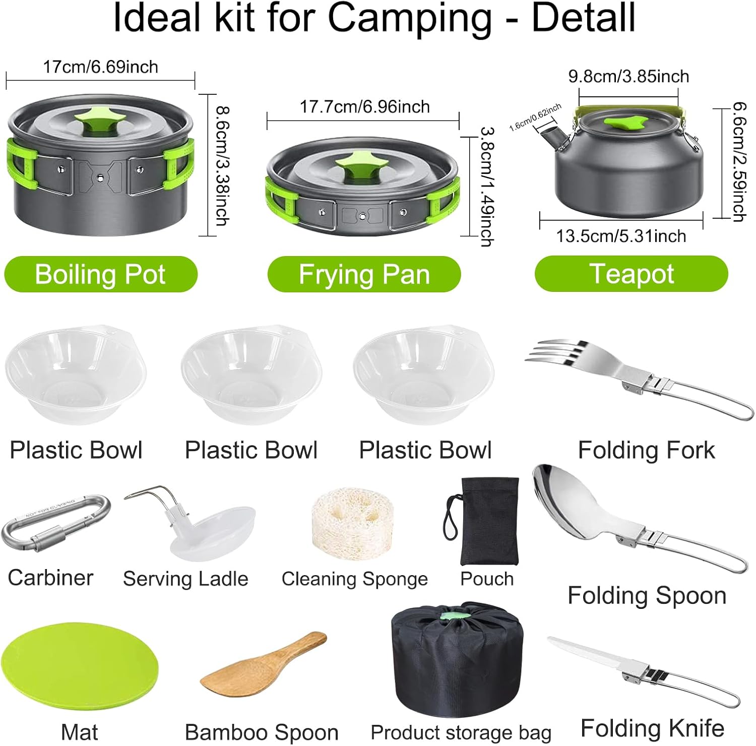 LAMTOR Portable Aluminum Outdoor Cooking Set With Camping Pots, Pans, Kettle and Nylon Storage Bag for 2-3 People to Camp/Hike/Picnic/Travel - Image 2