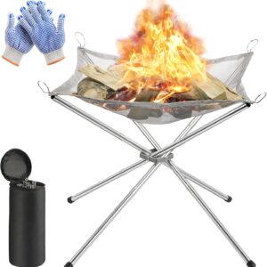 Portable Fire Pit for Camping, Outdoor Folding Firepit Fireplace with Heat Resistant Gloves & Carrying Bag, Stainless Steel Mesh BBQ Fire Bowl for Picnics, Bonfire, Patio, Backyard and Garden