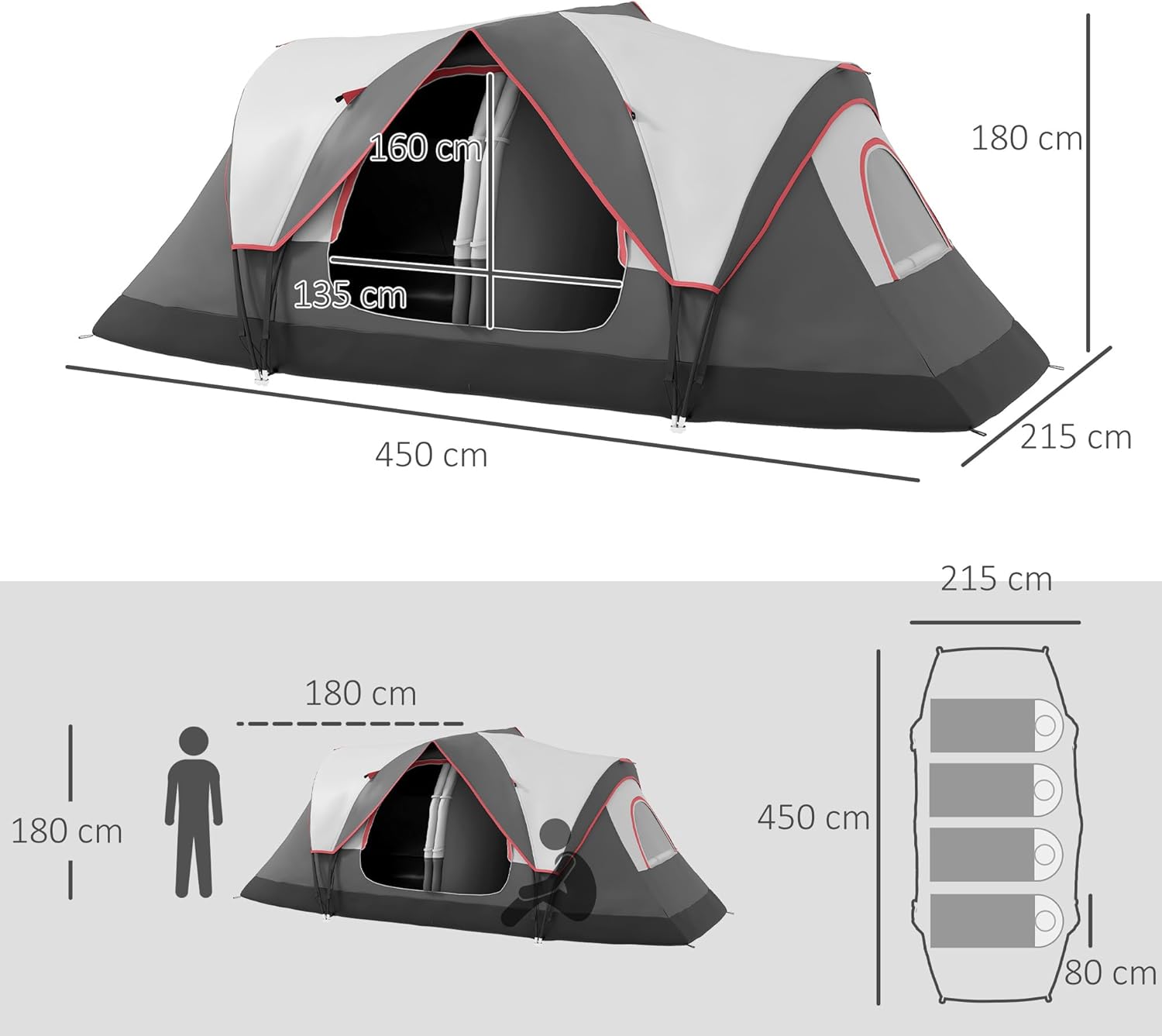 Outsunny 2 Bedroom Camping Tent for 6-8 Man, Large Family Tent with 2000mm Waterproof Rainfly and Screen Panels, Portable with Bag, for Fishing Hiking Festival - Image 7