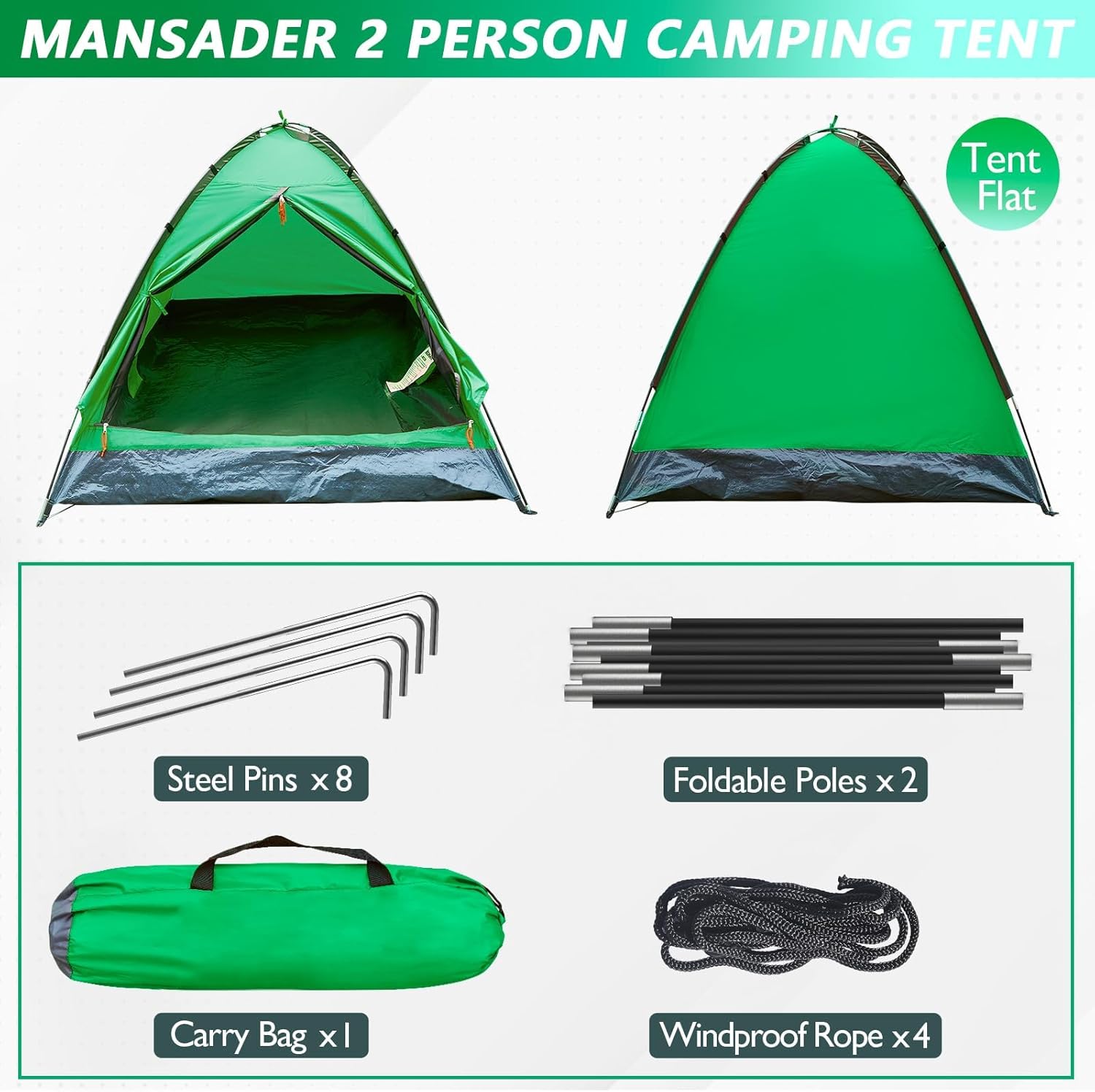 Mansader Camping Dome Tent for 2 Man, Easy Set Up Lightweight Portable Waterproof Outdoor Tent for Camping Hiking Travel - Image 7