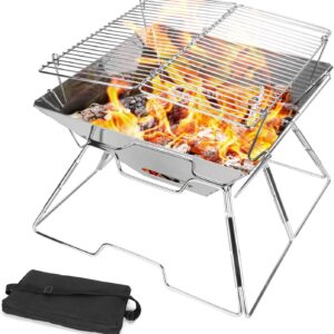 Odoland BBQ Fire Pit Portable Campfire Pit Collapsible Camping Grill 304 Stainless Steel Barbecue for Camping Picnic Terrace Garden with Carrying Bag