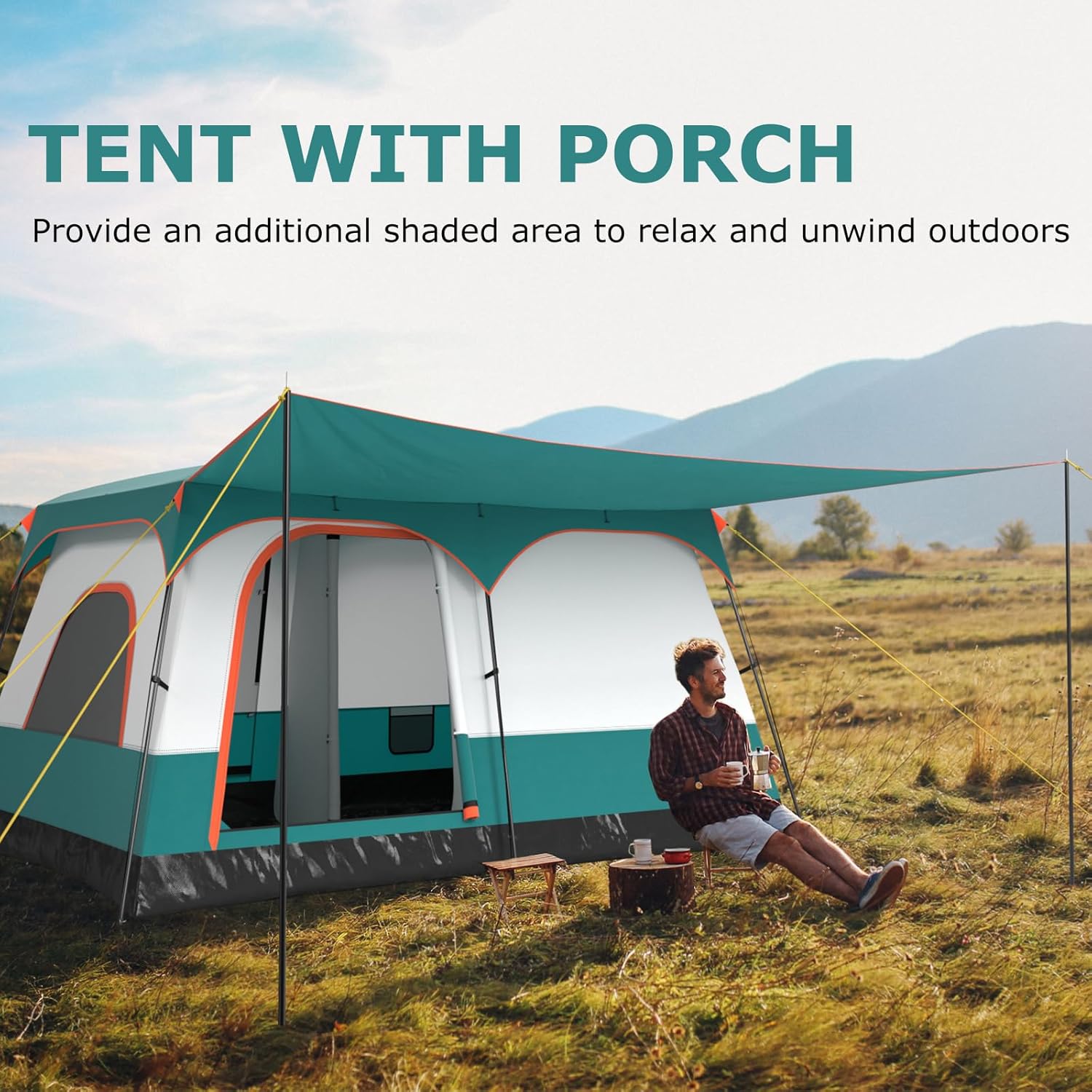 COSTWAY 2-Room Camping Tent, 8-10/6-8/4-6 Man Family Dome Tent with Porch, Removable Rainfly, 2 Doors, 2 Mesh Windows & Carrying Bag, PU 1000MM Waterproof Sun Shelter for Hiking - Image 8