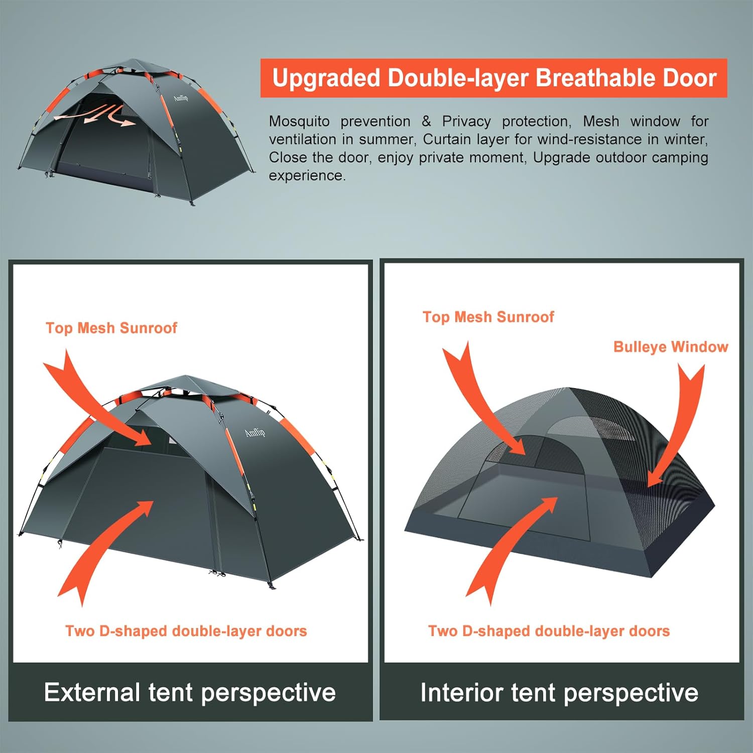 Amflip Camping Tent Automatic 1 Man Person Instant Tent Pop Up Ultralight Dome Tent 4 Seasons Waterproof & Windproof Camping Tent with Removable Outer Tarpaulin, Double Layers - Image 4