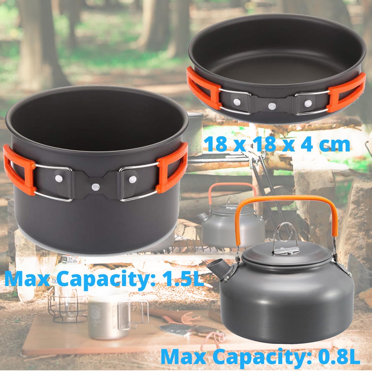 Camping Cooking Set WODSTA camping equipment for 1-3 People Aluminium Camping Cookware 9 PCS Camping Accessories Cooking Include 1.5L Pot, 0.8L Kettle and Pan etc |Easy to Clean| |Easy to Pack Away| - Image 4