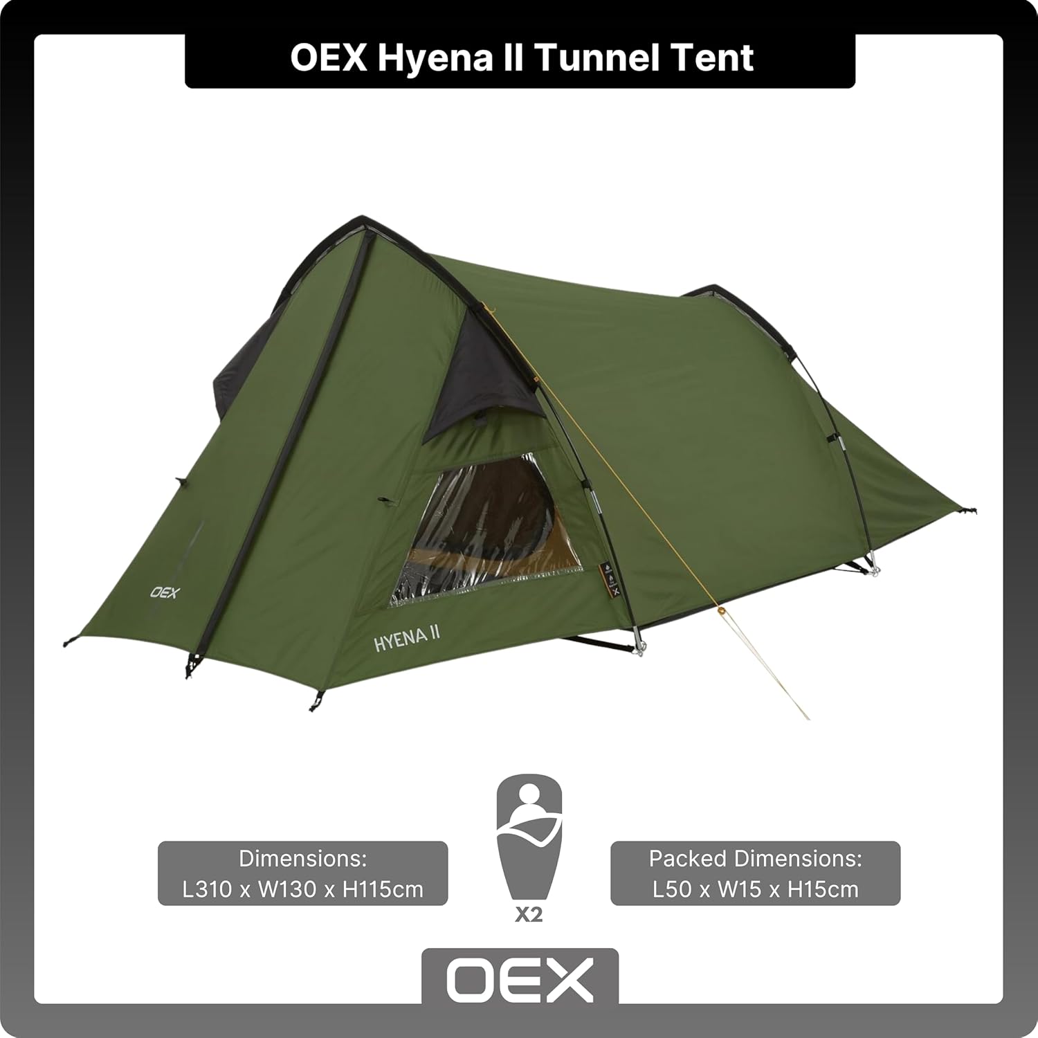 OEX Hyena II Tent for 2 People for Harsh Weather Conditions, 2 Man, Compact, Lightweight, Tunnel, Easy to Pitch, Backpacking, Festivals, Weekend Trips, Wild Camping, Hiking, 5000mm HH, Green - Image 2