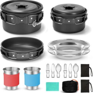 Odoland Camping Cookware Set with Pots and Frying Pan Cup Plates Folding Cutlery Gavette for 1-2 People Lightweight and Compact for Camping Trekking Picnic Hiking