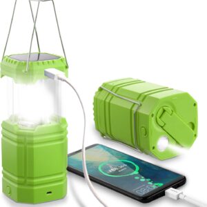 LED Solar Camping Light, Camping Wind up Lantern-Hand Crank Rechargeable-Emergency Light with 3000mAh Battery for Camping, Hiking, Fishing, SOS, Outdoor, Hurricane-Green