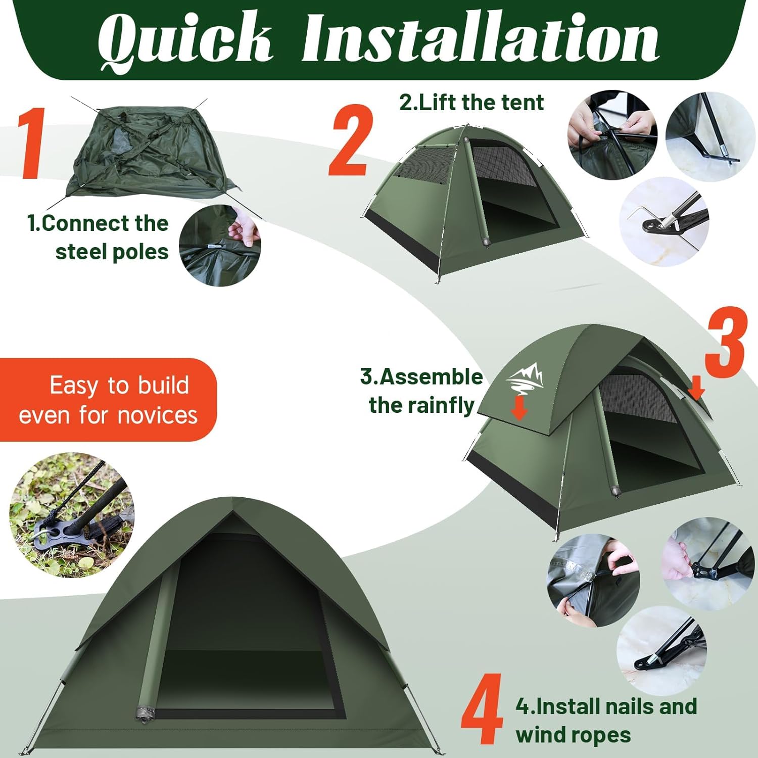 Purebox Camping Tent,2-3 Person Outdoor Tents, Windproof & Waterproof Dome Tent, Easy to Set Up, Suitable for Camping, Garden, Outdoor, Backpacking - Image 5