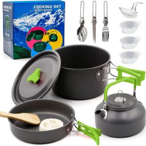 Aandyou Camping Cookware Kit, Camping Cookware Set Outdoor Cooking Pot Pan Kettle Lightweight Camping Accessories Backpacking Hiking Gear for 2 to 3 People Picnic,Travel