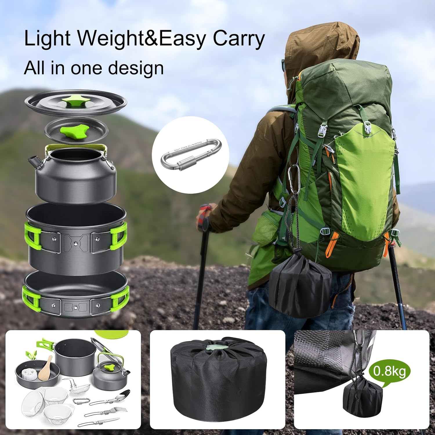 LAMTOR Portable Aluminum Outdoor Cooking Set With Camping Pots, Pans, Kettle and Nylon Storage Bag for 2-3 People to Camp/Hike/Picnic/Travel - Image 3