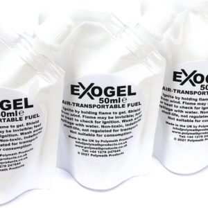 Exogel Camping Stove Gel Fuel. Versatile, odourless fuel with high energy density. Non-hazmat and air-transportable, ideal for hiking, travel and home emergencies. 150ml (3x 50ml pouches). UK-Made.