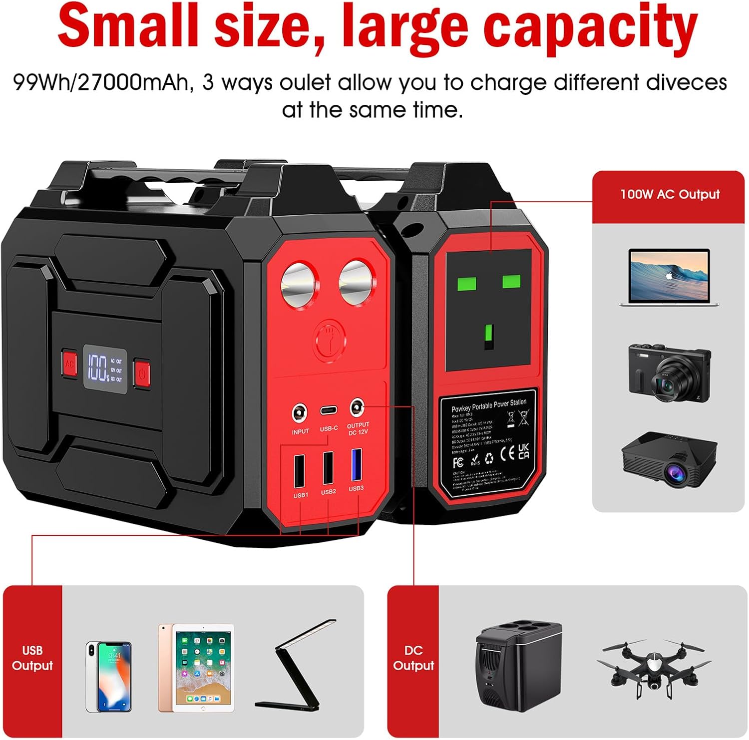 Powkey 99Wh/ 27000mAh Portable Power Station,100W Camping Power Pack,Solar Generator with AC/DC/USB/Type C Outlet for Outdoors Camping Travel Fishing Emergency Power Supply - Image 3