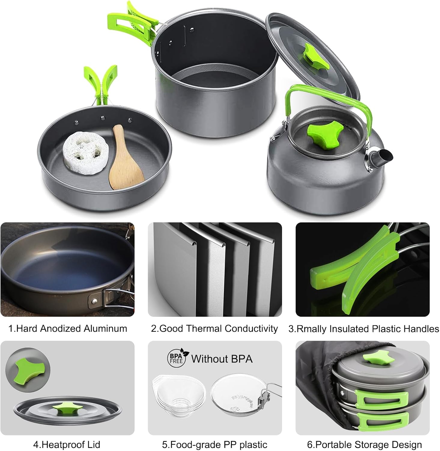 LAMTOR Portable Aluminum Outdoor Cooking Set With Camping Pots, Pans, Kettle and Nylon Storage Bag for 2-3 People to Camp/Hike/Picnic/Travel - Image 4