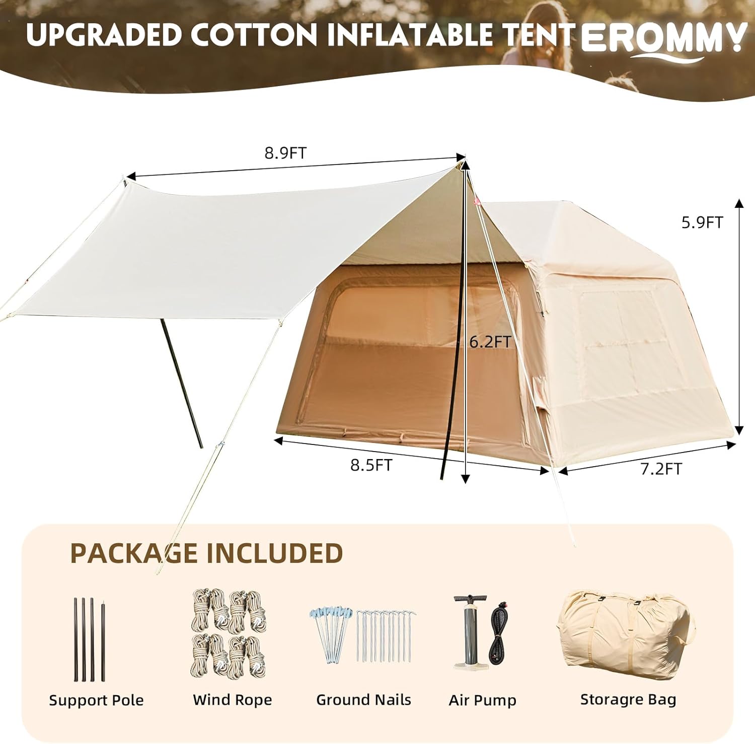 Erommy Inflatable Tent for 4 Person,Quick Setup,Waterproof and Windproof,with Canopy and Detachable Top,Hand Pump Included,Blow Up Tents for Outdoor Camping Hiking - Image 2