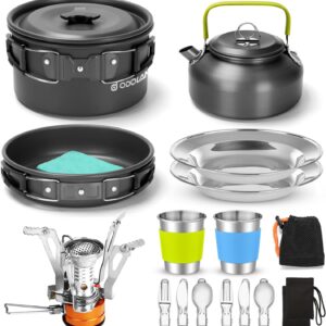 Odoland Camping Cookware Set Non-Stick Pot and Pan Set with Kettle, Stainless Steel Utensils Mess Kit, Cups Plates Knives Spoons Forks for Outdoor Cooking