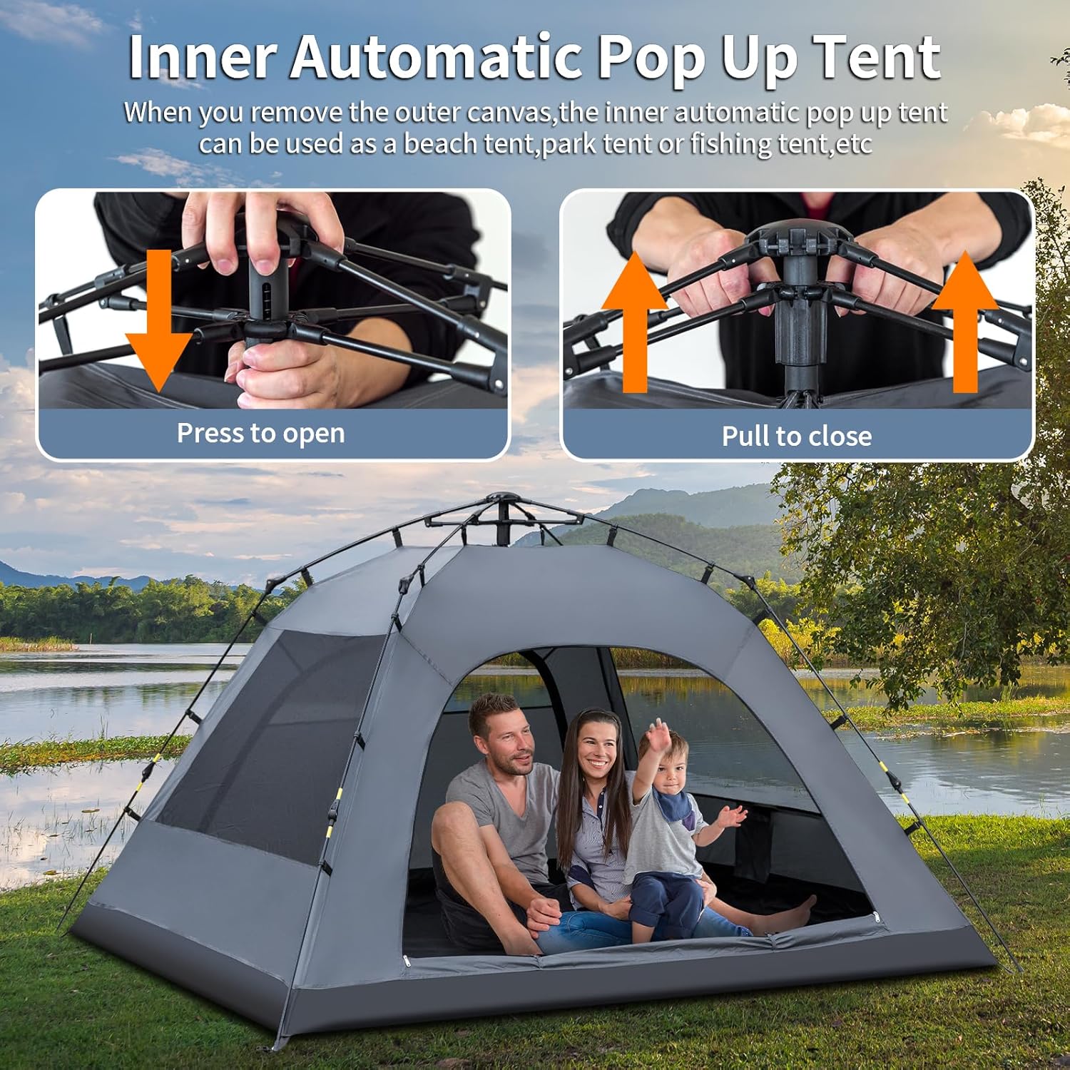 Yafaca Camping Tent, 3 Man Pop Up Tent Extra Large Waterproof Automatic Dome Tent with 2 Rainproof Windows, 2 Layers Family Festival Tent with Removable Outer Layer, Tent for Camping Picnic Garden - Image 5