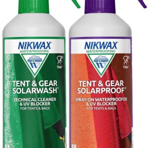 Nikwax TENT & GEAR SOLARWASH 500ml + TENT & GEAR SOLARPROOF 500ml, Tent Waterproofing Spray and UV Blocker for Synthetic Weatherproof Textiles, Tent Cleaner and Waterproof Spray For Camping