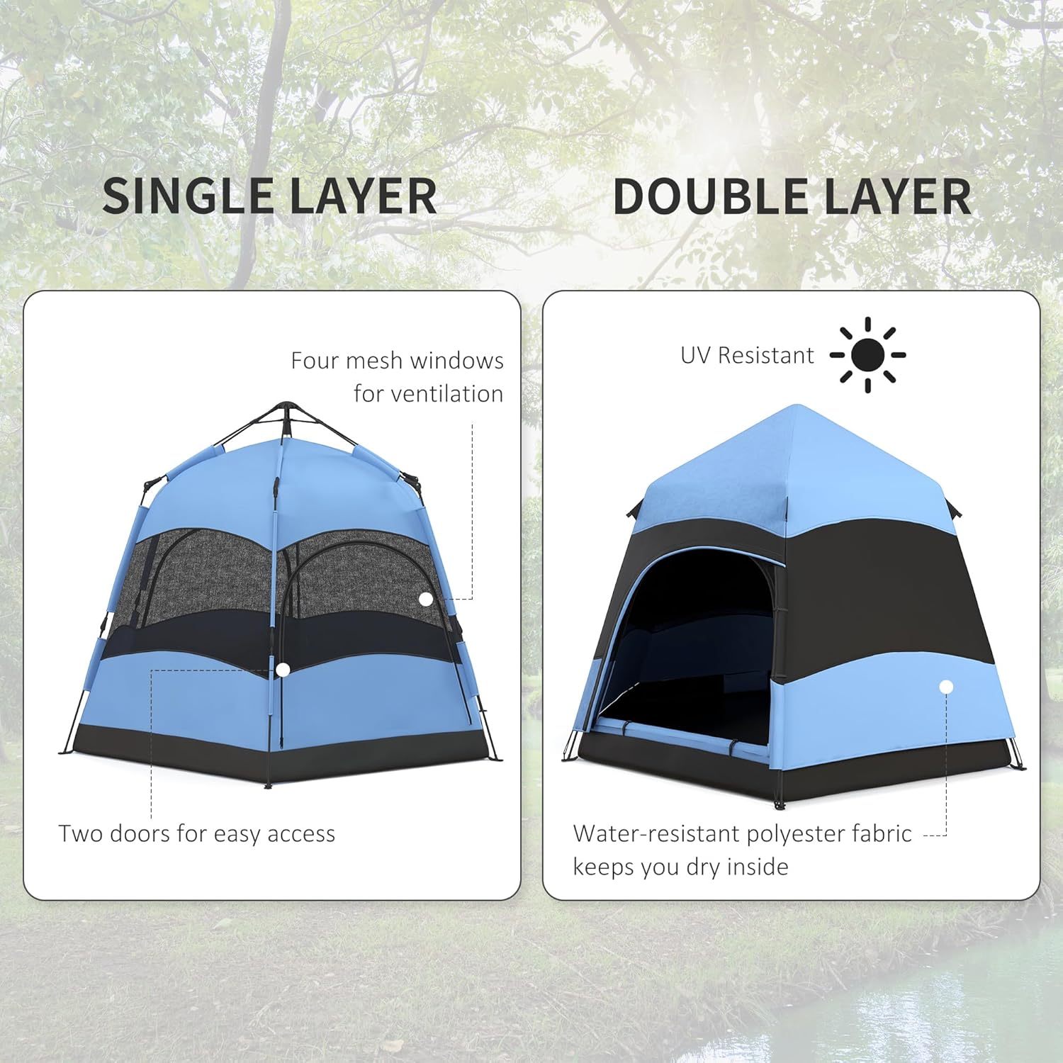 Outsunny Double Layer Instant Pop Up Tent with Rainfly, Hexagon 4 Man Dome Tent, Portable Camping Shelter with Sewn-in Groundsheet and Carry Bag, for Festival Backpacking Road Trips - Image 6