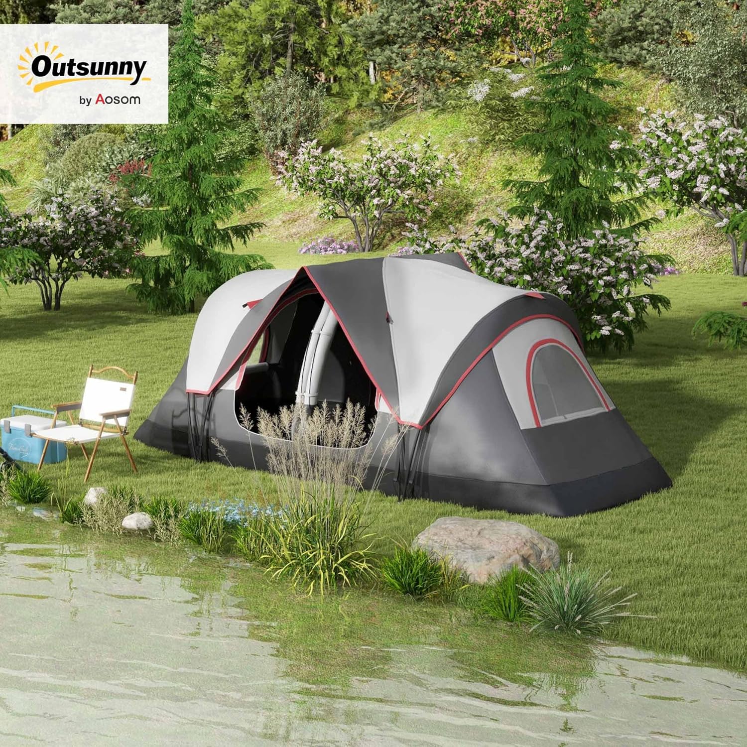 Outsunny 2 Bedroom Camping Tent for 6-8 Man, Large Family Tent with 2000mm Waterproof Rainfly and Screen Panels, Portable with Bag, for Fishing Hiking Festival - Image 2