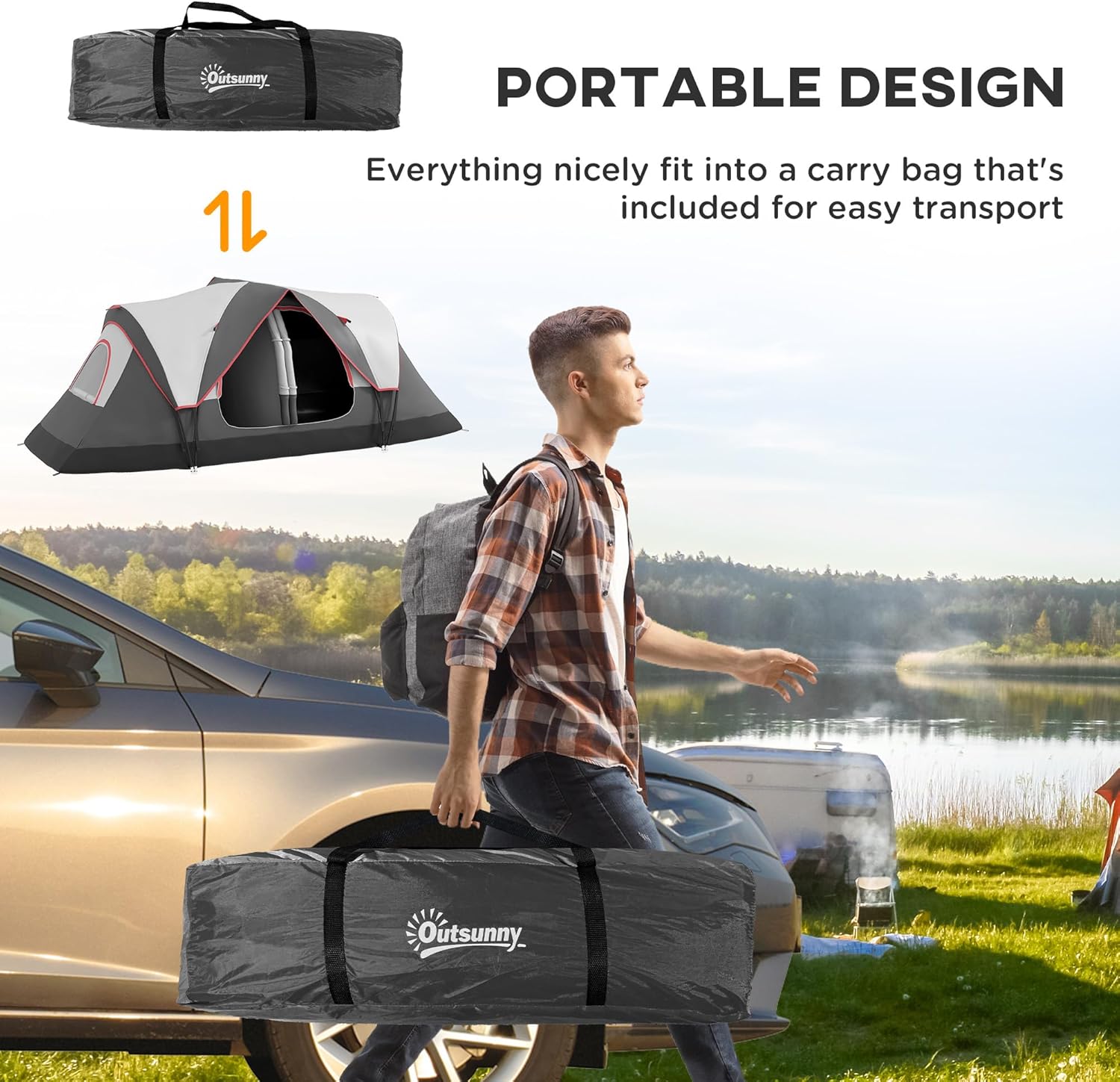 Outsunny 2 Bedroom Camping Tent for 6-8 Man, Large Family Tent with 2000mm Waterproof Rainfly and Screen Panels, Portable with Bag, for Fishing Hiking Festival - Image 6