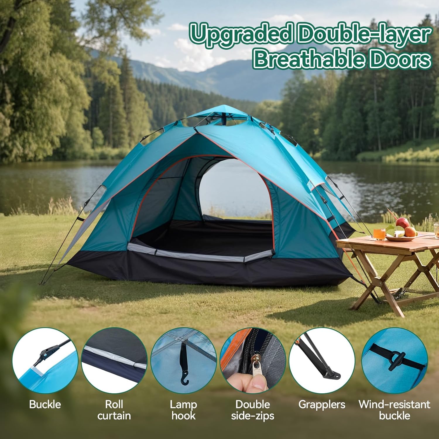 Warmiehomy Pop Up Tent, 3-4 Person Waterproof Camping Tent, Double Layer Automatic Dome Tent with Removable Outer Tarp, Portable Outdoor Backpacking Tents for Family Camping Hiking - Image 2