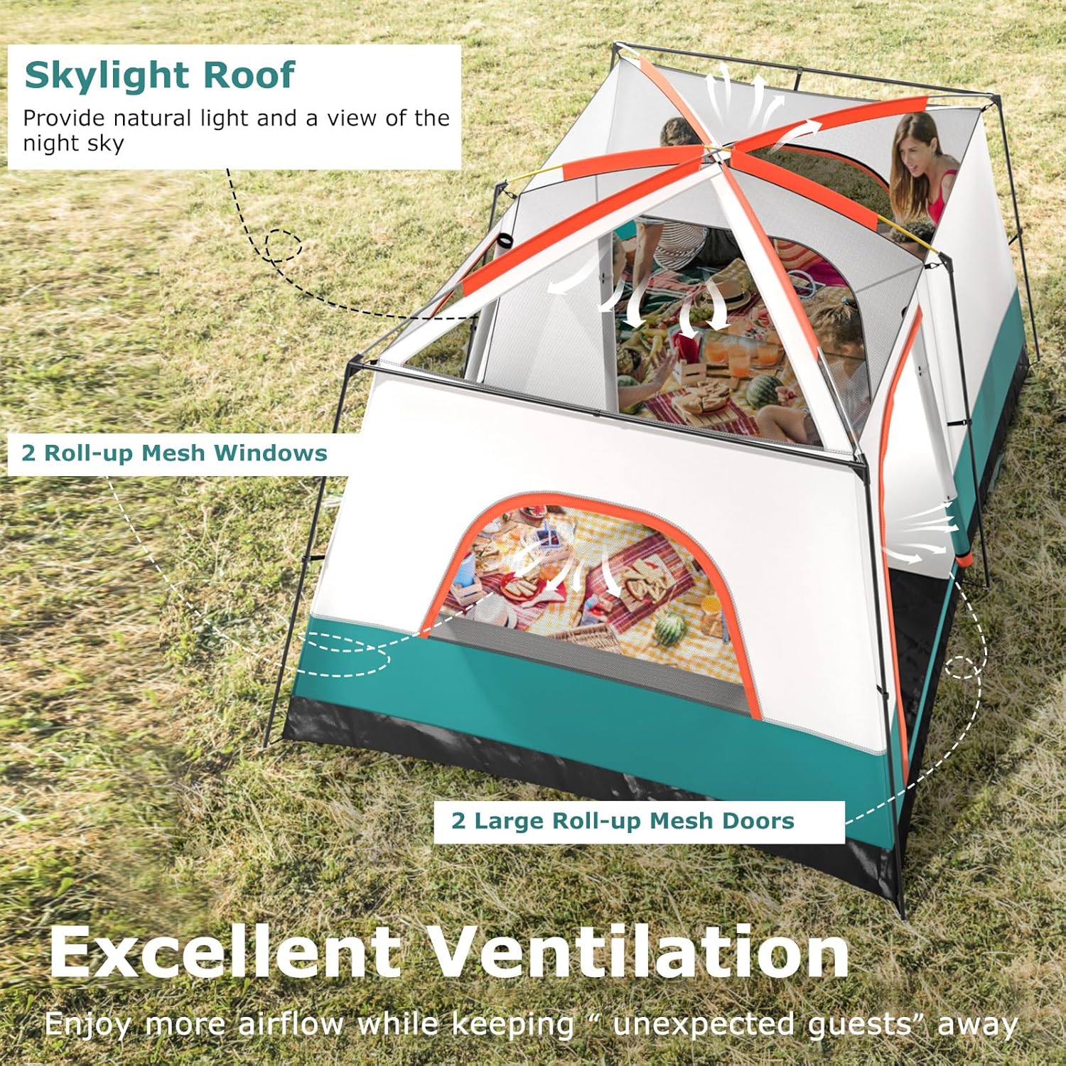 COSTWAY 2-Room Camping Tent, 8-10/6-8/4-6 Man Family Dome Tent with Porch, Removable Rainfly, 2 Doors, 2 Mesh Windows & Carrying Bag, PU 1000MM Waterproof Sun Shelter for Hiking - Image 4