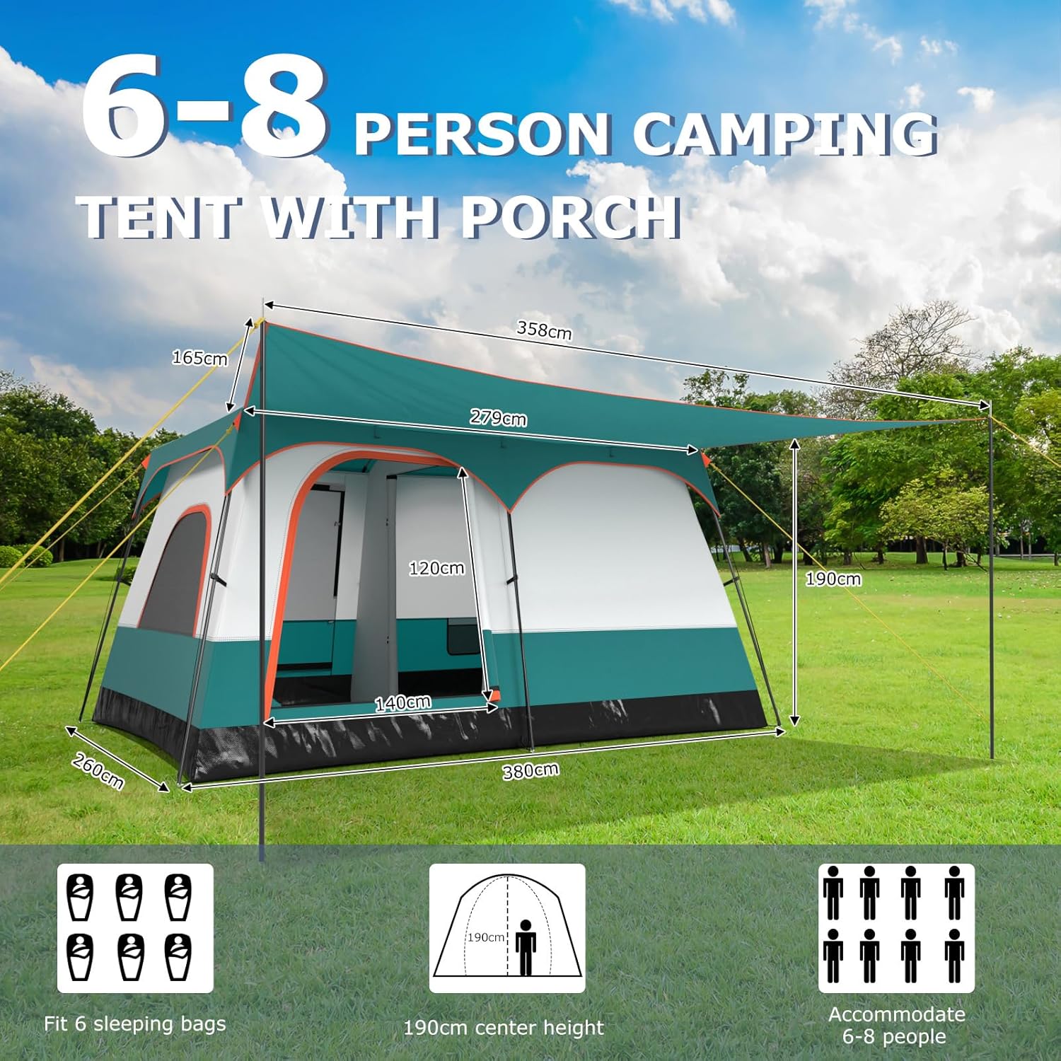 COSTWAY 2-Room Camping Tent, 8-10/6-8/4-6 Man Family Dome Tent with Porch, Removable Rainfly, 2 Doors, 2 Mesh Windows & Carrying Bag, PU 1000MM Waterproof Sun Shelter for Hiking - Image 6