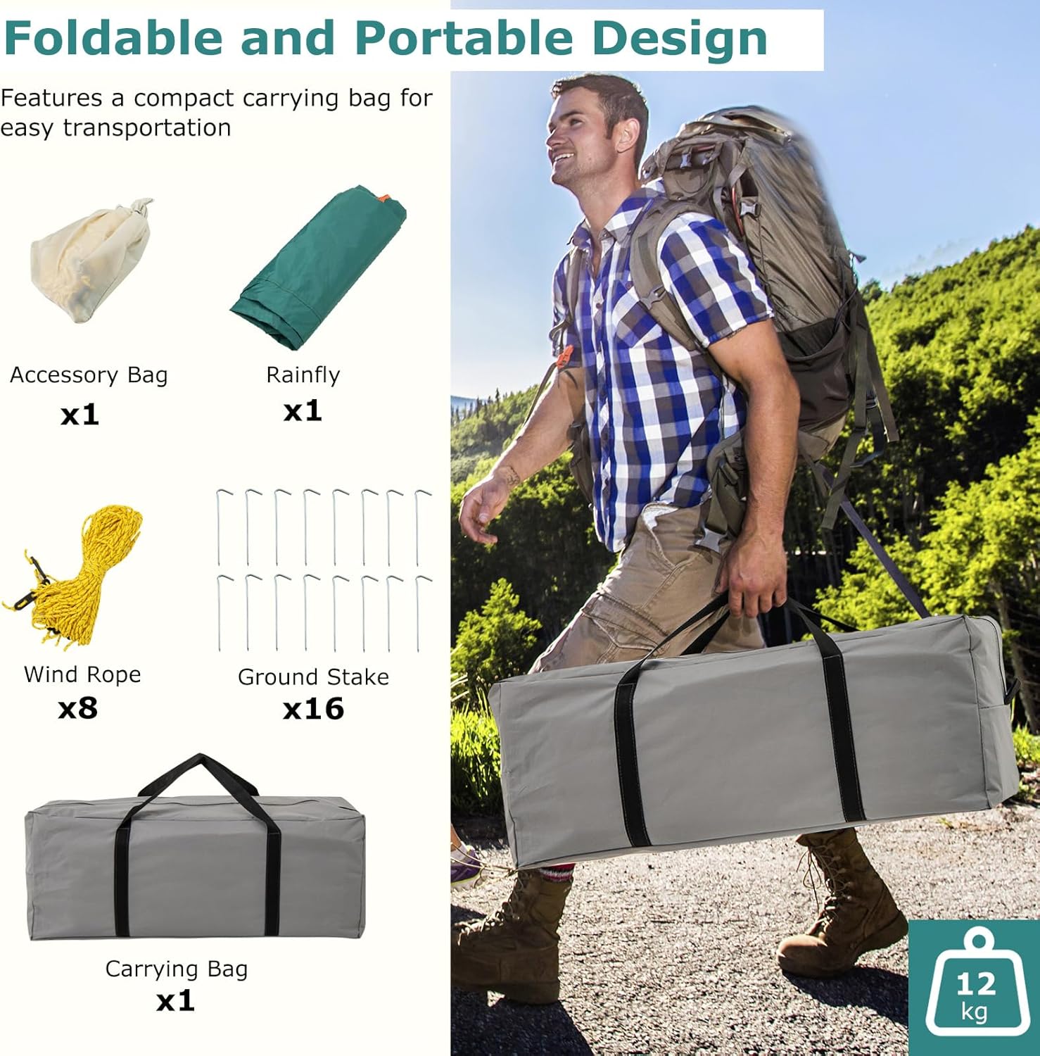 COSTWAY 2-Room Camping Tent, 8-10/6-8/4-6 Man Family Dome Tent with Porch, Removable Rainfly, 2 Doors, 2 Mesh Windows & Carrying Bag, PU 1000MM Waterproof Sun Shelter for Hiking - Image 9
