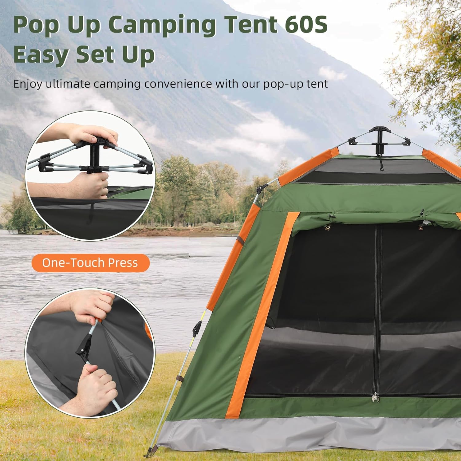 Aptliton Pop Up Tent Automatic, Camping Tent Waterproof Glow-in-the-Dark Pegs, Bug Netting & Convertible Door for Shade/Rain Protection Large 3-4 Person(200x200cm) - Image 2