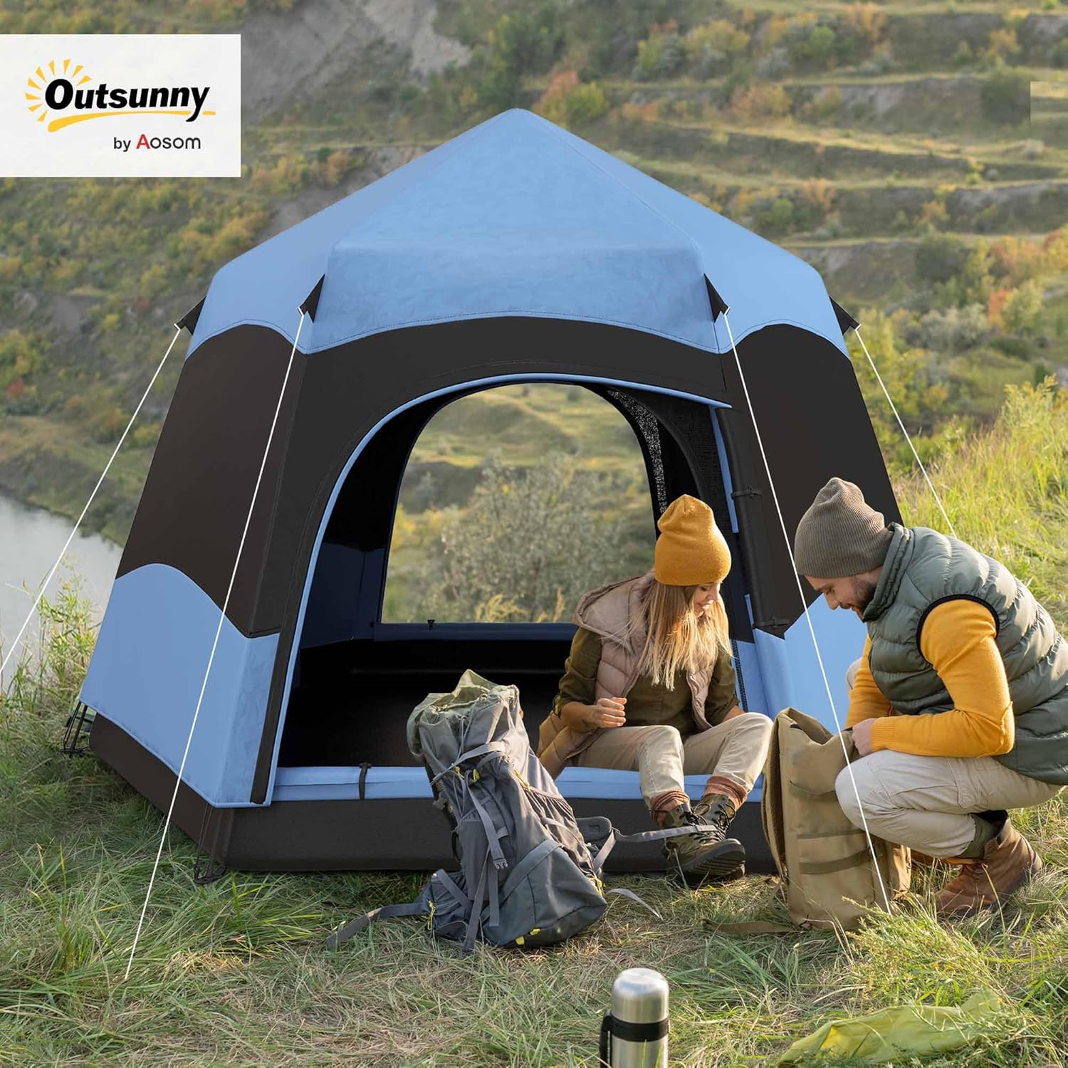 Outsunny Double Layer Instant Pop Up Tent with Rainfly, Hexagon 4 Man Dome Tent, Portable Camping Shelter with Sewn-in Groundsheet and Carry Bag, for Festival Backpacking Road Trips - Image 2