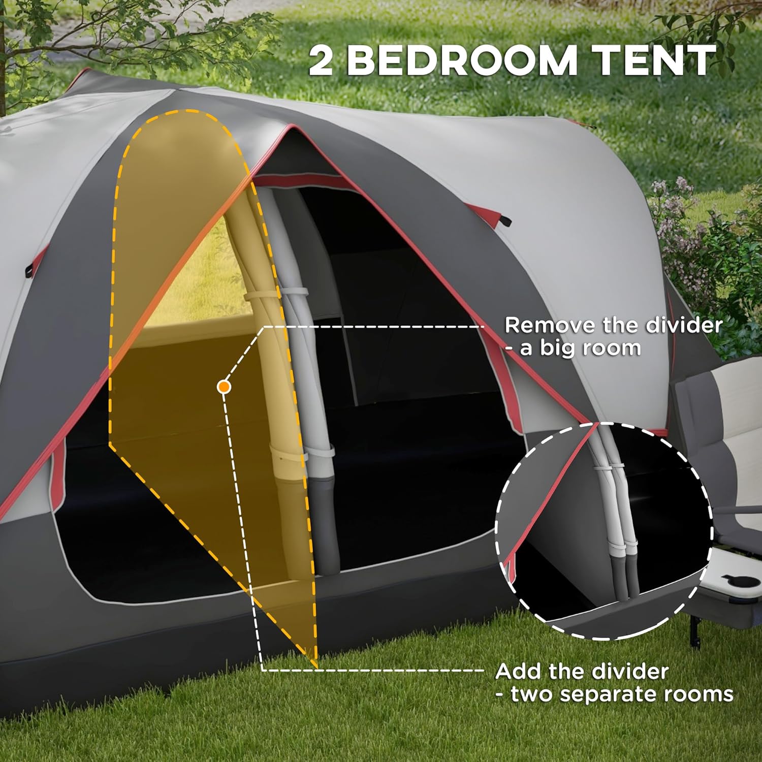 Outsunny 2 Bedroom Camping Tent for 6-8 Man, Large Family Tent with 2000mm Waterproof Rainfly and Screen Panels, Portable with Bag, for Fishing Hiking Festival - Image 4